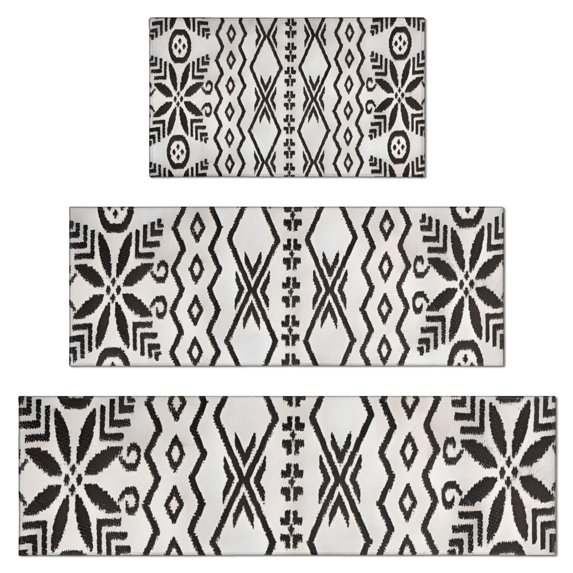 Black Geometric Flower Diamond Pattern Kitchen Rugs Sets Of 3,Kitchen Runner Rugs Non Skid Washable,Decorative Kitchen Floor Mats for Kitchen,Sink,Laundry,17"x30"+ 17"x47" + 17"x59"