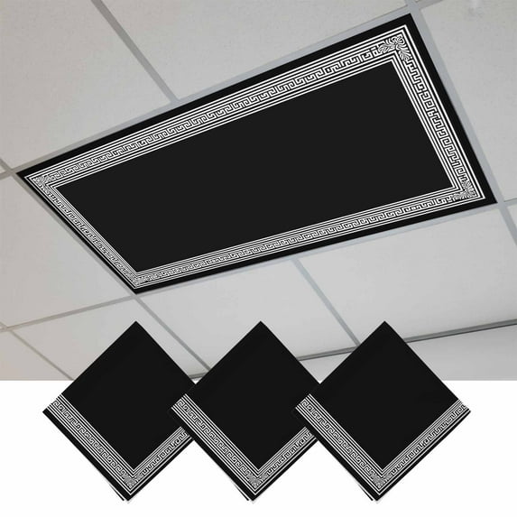 Black Geometric Fluorescent Light Covers, Country Farm Traditional Chinese Tile Magnetic Light Covers for Ceiling Lights, Fluorescent Ceiling Shade Filters for Classroom Bedroom Office 4x2Ft x 3PCS