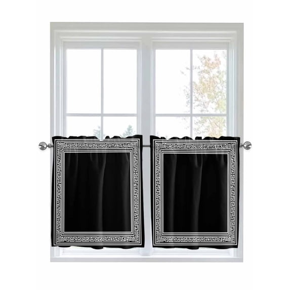 Black Geometric Half Window Curtains 24 Inches Long, Greek Key Design Abstract Modern Art Window Treatment Curtain Drapes, Short Curtains Tiers for Kitchen Over Sink, 27.5"x24", 2 Panels