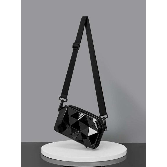Black Geometric Hard-Shell Mini Crossbody Bag With Adjustable Strap