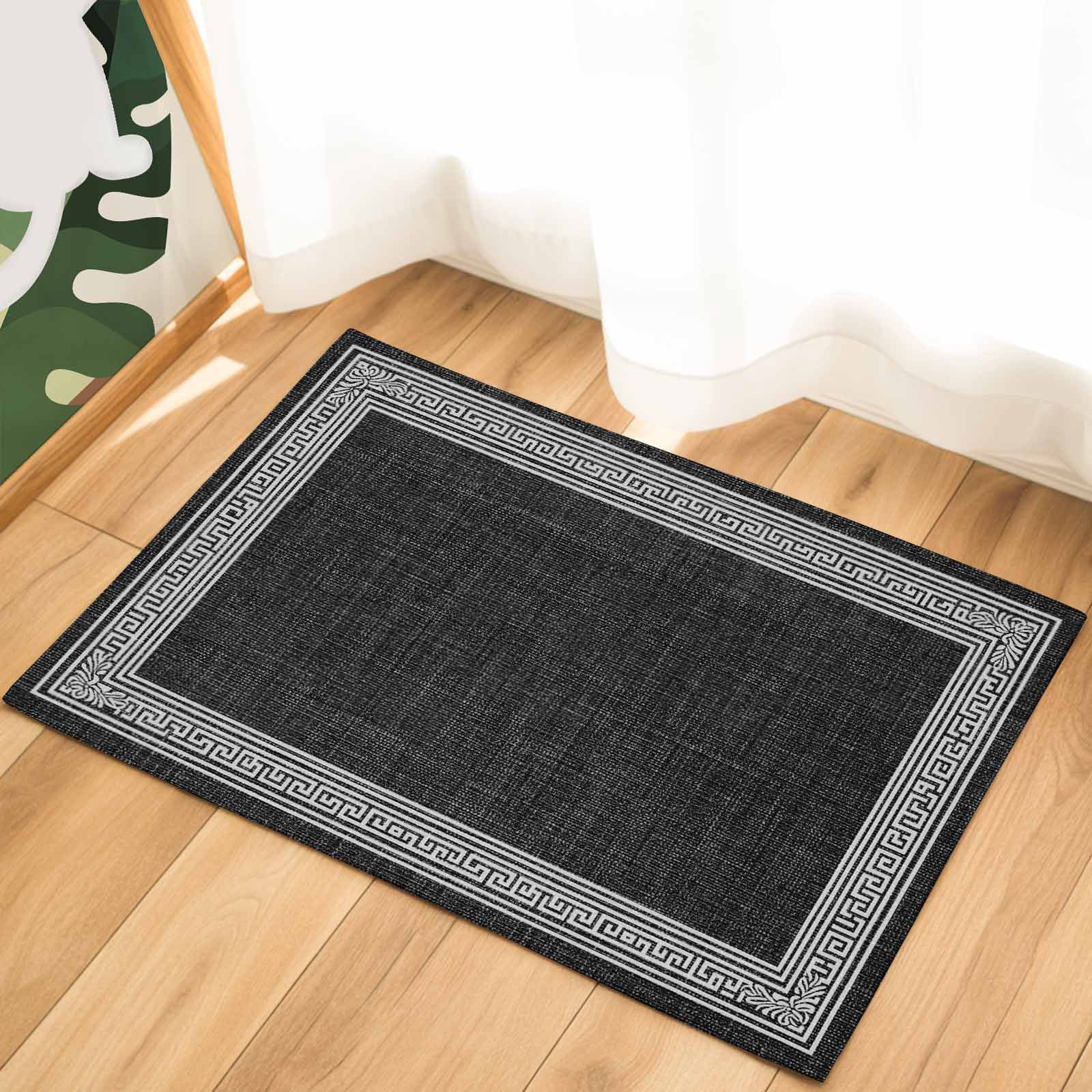 Black Geometric Indoor Door Mat - 20"x31.5", Non-Slip Welcome Mat for Outdoor, White Greek Key Design Burlap Modern Art Front Doormat for Entry, Low-Profile Doormat Entrance Rug for Kitchen/Bathroom