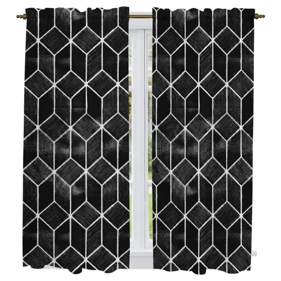 Black Geometric Kitchen Curtains 63 Inch Length, Checkered Modern Abstract Art Tiers Curtains for Living Room Berdoom Bathroom, Light Filtering Drapes Rod Pocket Window Treatment 2 Panels 42"Wx63"L