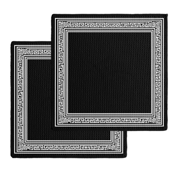 Black Geometric Kitchen Dish Towels for Drying Dishes Set of 2, Country Farm Traditional Chinese Tile Waffle Weave Microfiber Hand Tea Bathroom Towels Quick Dry & Absorbent Towel 12x12