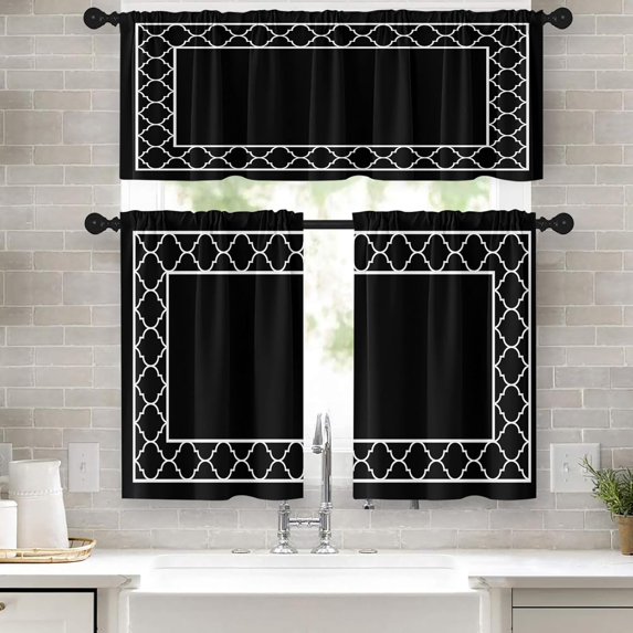 Black Geometric Kitchen Window Curtains Valance and Tier Set 36 Inch Farmhouse Moroccan Lattice Gothic Rod Pocket Short Tier Curtain, Abstract Small Drapes for Kitchen Decor