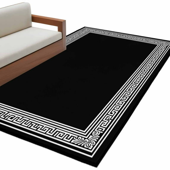 Black Geometric Large Area Rugs for Bedroom Living Room, Soft Non Slip Carpet Bedside Rug, Country Farm Traditional Chinese Tile Rectangular Floor Cover Kitchen Accent Rug 4'x6' for Office
