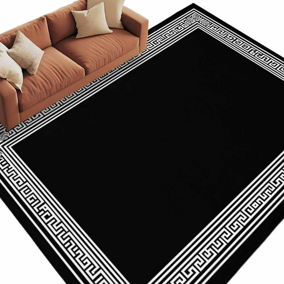 Black Geometric Large Area Rugs for Bedroom Living Room, Soft Non Slip Carpet Bedside Rug, Country Farm Traditional Chinese Tile Rectangular Floor Cover Kitchen Accent Rug 8'x10' for Office
