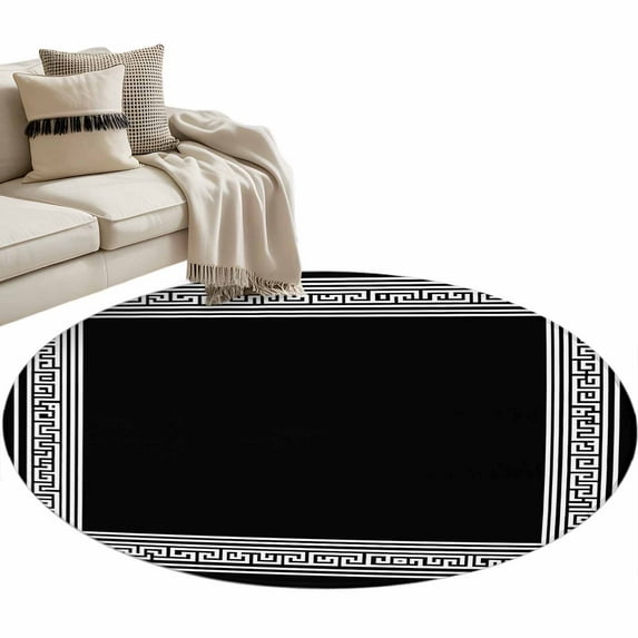 Black Geometric Large Area Rugs for Bedroom Living Room, Soft Non Slip Carpet Bedside Rug, Country Farm Traditional Chinese Tile Round Floor Cover Kitchen Accent Rug 3' for Dining Room/Office