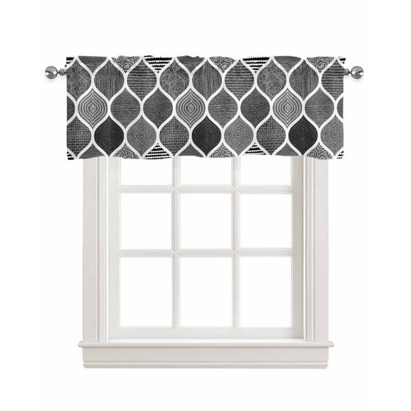 Black Geometric Linen Curtain Valance for Bedroom/Bathroom/Kitchen/Office/Living/Dining Room Window,Moroccan Modern Geometric Abstract Art Rod Pocket Topper Decorative Cafe Drapes Panel 42"x12"