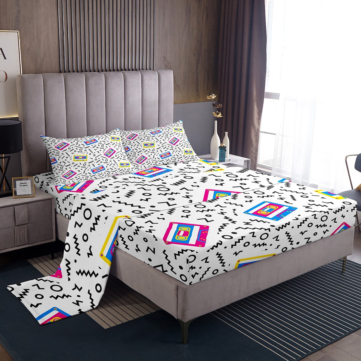 Black Geometric Memphis Bed Sheets Twin Retro 80S 90S Hipster Sheet Set Vintage Audio Cassette