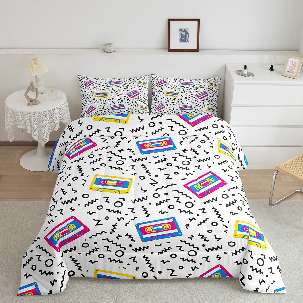Black Geometric Memphis Comforter Set Queen Retro 80S 90S Style Hipster Bedding Set Vintage