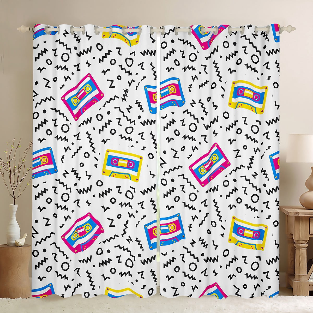 Black Geometric Memphis Curtains & Drapes 38"Wx45"L Retro 80s 90s Style ...