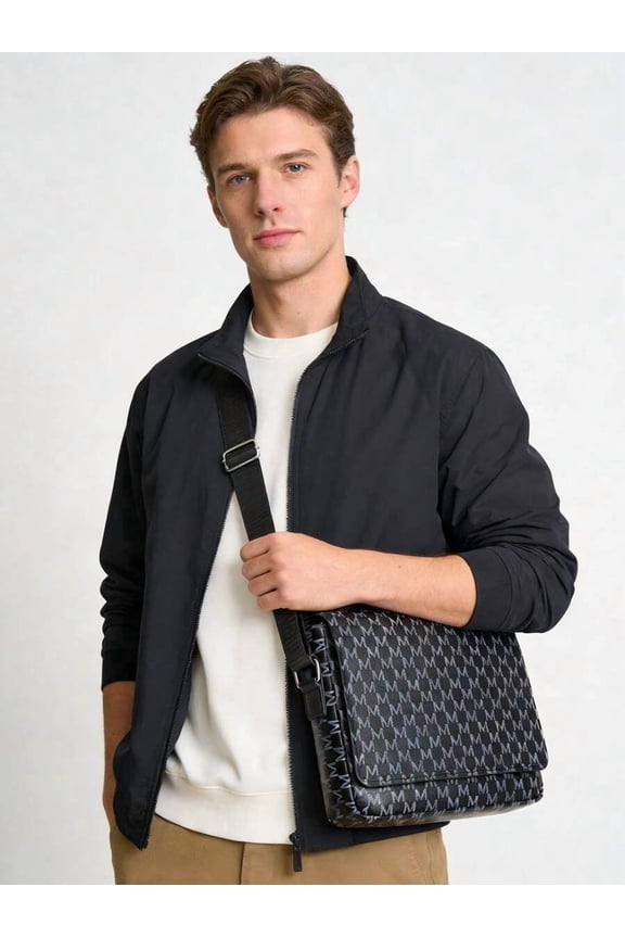 Black Geometric Monogram Flap Messenger Bag - Lightweight Crossbody Style