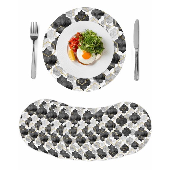 Black Geometric Moroccan Round 13 Inch Placemats Set of 8, Abstract Art Grey Ombre Modern HeatResistant Non Slip Place Mats for Dining Table, Wipeable Braided Kitchen Table Mats for Housewarming