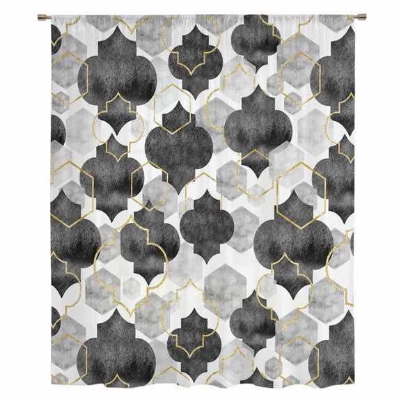 Black Geometric Moroccan Sheer Curtains 54 Inches Long, Abstract Art Grey Ombre Modern Light Filering Curtains, Breathable Simi Curtain Privacy Drapes for Kitchen Bathroom Small Window Treatment