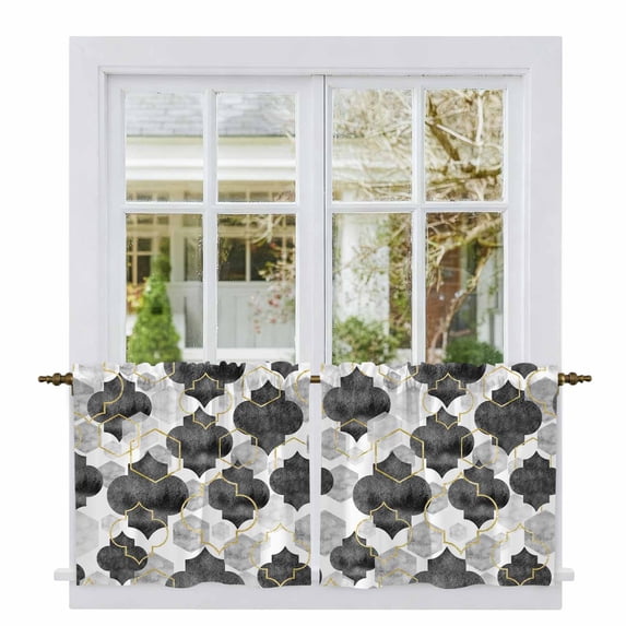 Black Geometric Moroccan Tier Curtains 24 Inch Length, Abstract Grey Ombre Modern Cafe Short Curtains for Bathroom Over Sink, Small Kitchen Curtain Light Filtering Tiered Drapes 2 Panels 27.5"Wx24"L