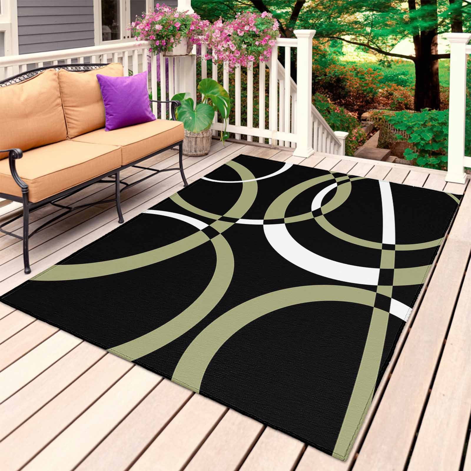 Black Geometric Outdoor Rug for Patio/Deck/Porch, Non-Slip Large Area Rug 5 x 8 Ft, Modern Sage Green White Striped Art Indoor Outdoor Rugs Washable Area Rugs, Reversible Camping Rug Carpet Runner