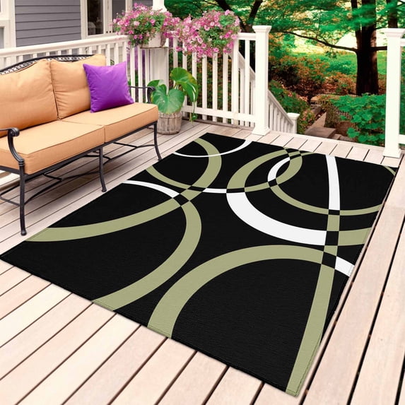 Black Geometric Outdoor Rug for Patio/Deck/Porch, Non-Slip Large Area Rug 5 x 8 Ft, Modern Sage Green White Striped Art Indoor Outdoor Rugs Washable Area Rugs, Reversible Camping Rug Carpet Runner