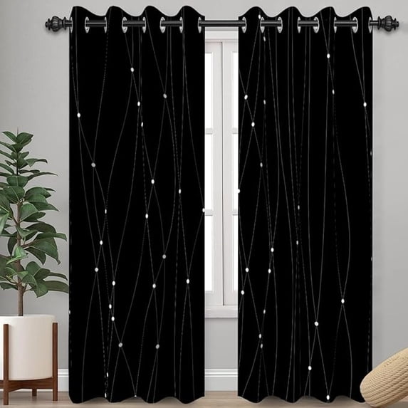 Black Geometric Pattern Blackout Curtains For Living Room, Modern Line Print White Polka Dot Window Drapes For Bedroom, Light Blocking Thermal Insulated Curtains For Home 53"W x 84"L (Pack of 2)