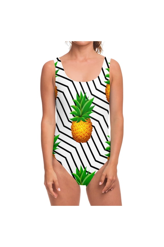 Black Geometric Pineapple Pattern Print Women Low Cut Swimsuit, Pineapple 1-Pc Fashion Bikini