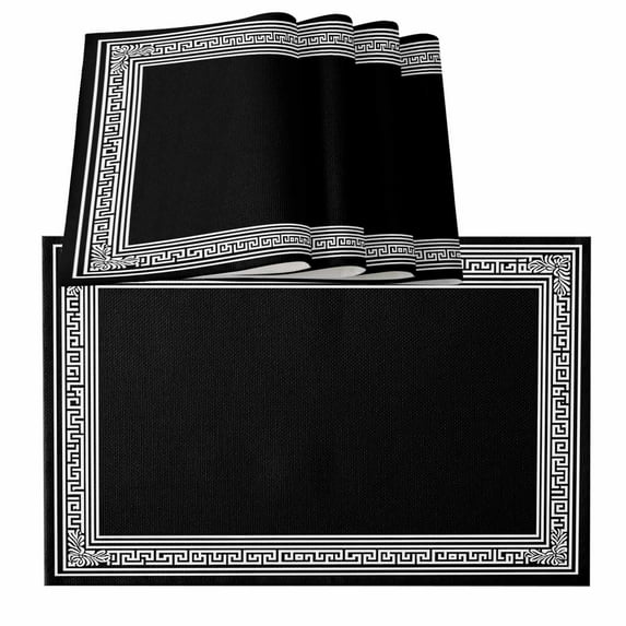 Black Geometric Placemats for Dinning Table Set of 6, Country Farm Traditional Chinese Tile Burlap Kitchen Place Mats Waterproof Cloth Table Mats, Indoor Outdoor Placemats Easy Clean Dinner Decor