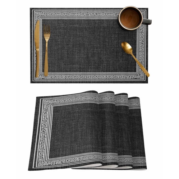 Black Geometric Placemats Set of 6, White Greek Key Design Burlap Modern Art Placemats for Dining Table, Place Mats for Kitchen Tabletop, Waterproof Wipeable Dining Table Mats Set