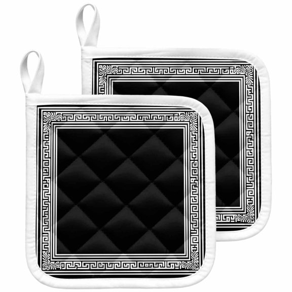 Black Geometric Pot Holders for Kitchen Heatproof Potholder, 2 Pack Country Farm Traditional Chinese Tile Hot Pads Multipurpose Oven Pads Cloth Potholders Trivet for Cooking and Baking