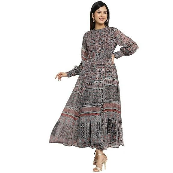 Black Geometric Printed Chiffon Flared Maxi Dress With Buttons.