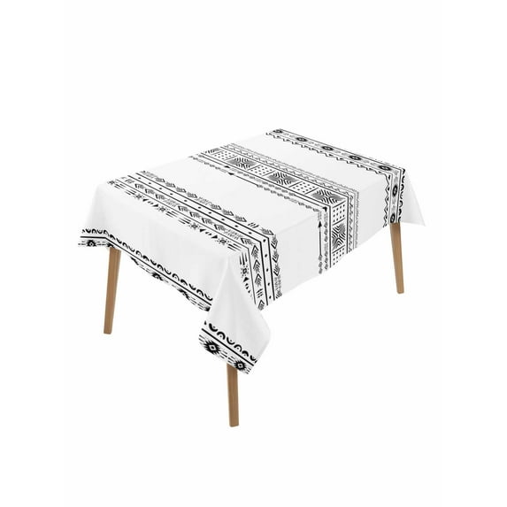 Black Geometric Rectangle Tablecloth, Boho Lines White Modern Abstract Art Waterproof & StainResistant Tablecloth, Washable Oil-proof Table Cover for Dining/Party/Wedding/Camping/Buffet 60x84 In