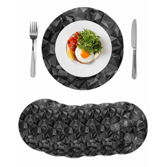 Black Geometric Round 13 Inch Placemats Set of 6, Contemporary Minimalism Abstract Pattern HeatResistant Non Slip Place Mats for Dining Table, Wipeable Braided Kitchen Table Mats for Housewarming
