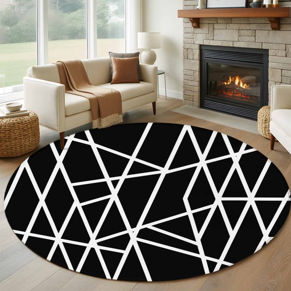 Black Geometric Round Area Rug 5Ft Washable Circle Rugs for Living Room Bedroom, Abstract Stripes Modern Simple Non-Slip Carpet Floor Mats Indoor Outdoor Carpet Runner Aesthetic Home Decor