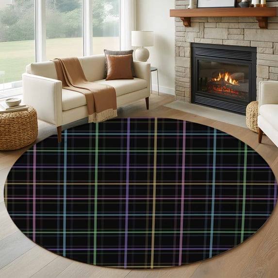 Black Geometric Round Area Rug 5Ft Washable Circle Rugs for Living Room Bedroom, Vintage Grid Plaid Colorful Lines Non-Slip Carpet Floor Mats Indoor Outdoor Carpet Runner Aesthetic Home Decor