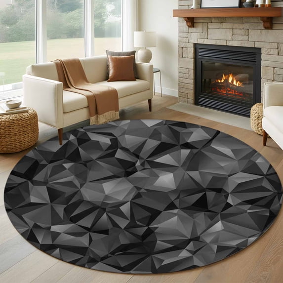 Black Geometric Round Area Rug 7Ft Washable Circle Rugs for Dorm Laundry Room, Contemporary Minimalism Abstract Pattern Non-Slip Carpet Floor Mats Indoor Outdoor Carpet Runner Aesthetic Home Decor