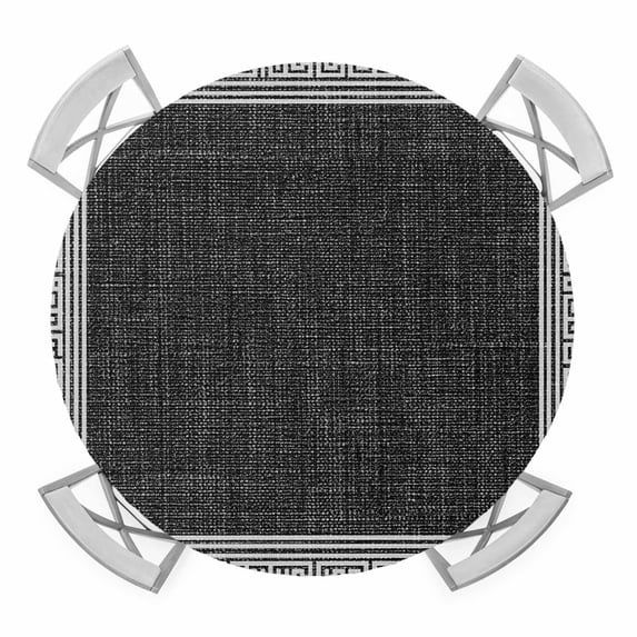 Black Geometric Round Fitted Tablecloth with Elastic Edge, Waterproof Table Cloth Table Cover for 45"-54" Tables, White Greek Key Design Burlap Modern Art Tablecloths for Dining Picnic Indoor Outdoor