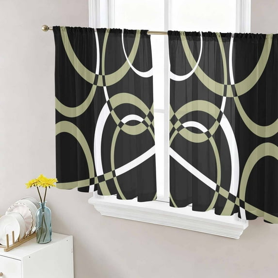Black Geometric Semi Sheer Curtains 54 Inch Length 2 Panels Set, Modern Sage Green White Striped Art Sheer Kitchen Curtain Privacy Voile Window Curtain for Living Room Bedroom Rod Pocket Drapes