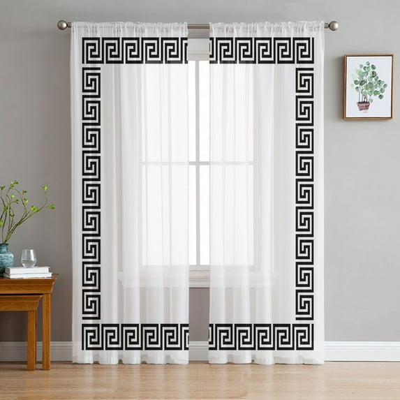 Black Geometric Sheer Curtains 63 Inches Length 2 Panels Set, Window Sheer Curtains for Living Room/Bedroom, Modern Abstract Art Key Greek Design Light Filtering Rod Pocket Curtain 52'' x 63'' x 2