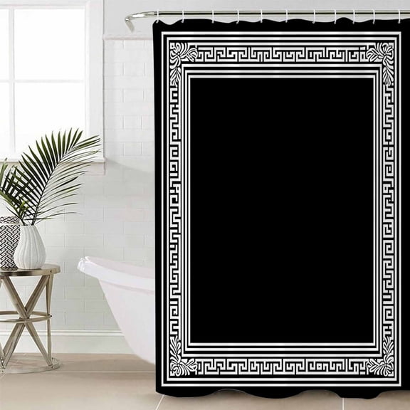 Black Geometric Shower Curtain Set, Waterproof Shower Curtains for Bathroom, Country Farm Traditional Chinese Tile Washable Fabric Cloth Bath Curtain for Bathtub Decoration with Hooks 66x72 Inches