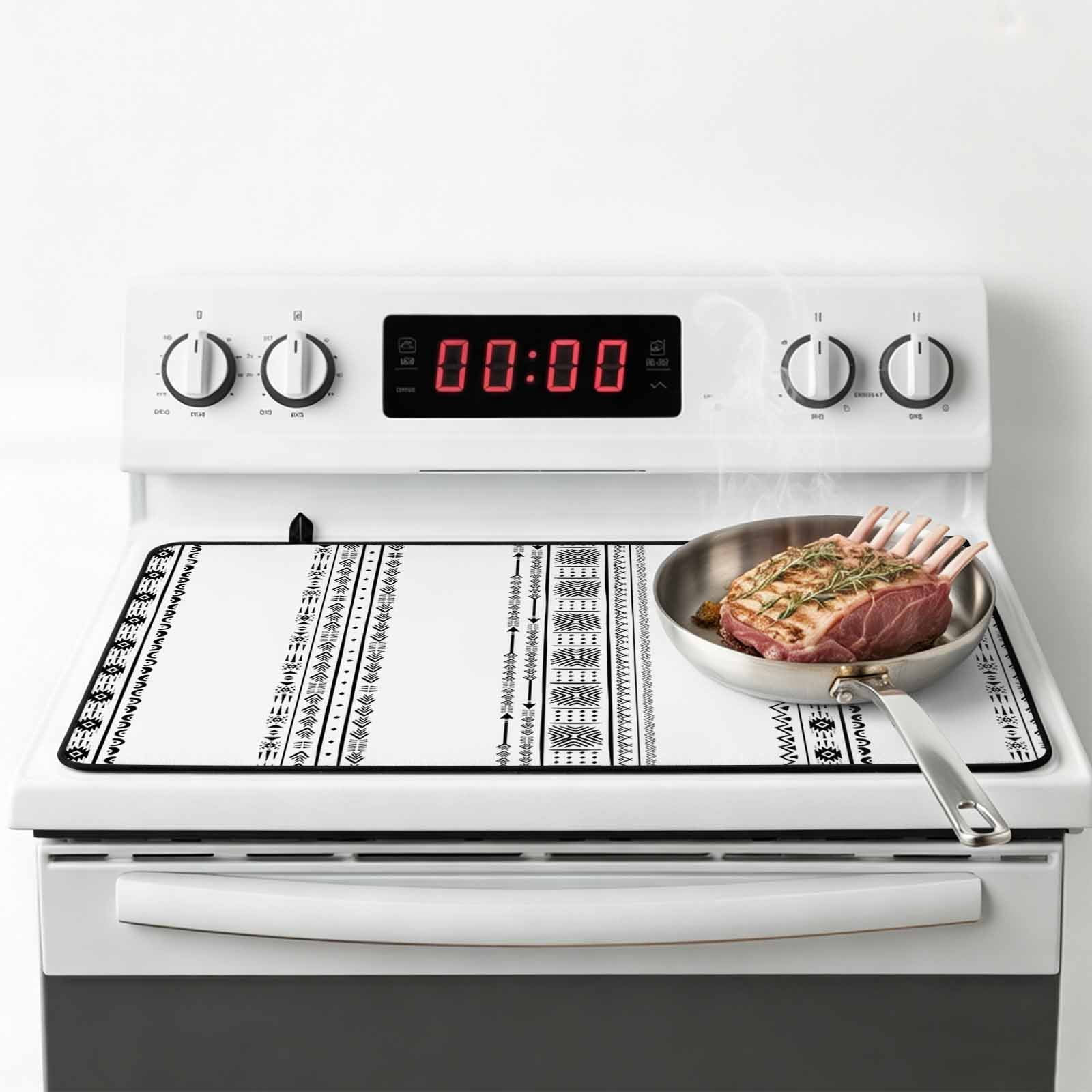Black Geometric Stove Top Cover for Electric Stove, Heat-proof & Non Slip Glass Top Stove Cover Protector, Boho Lines White Modern Abstract Art Kitchen Flat Cooktop Rubber Mat 31x24 Inches
