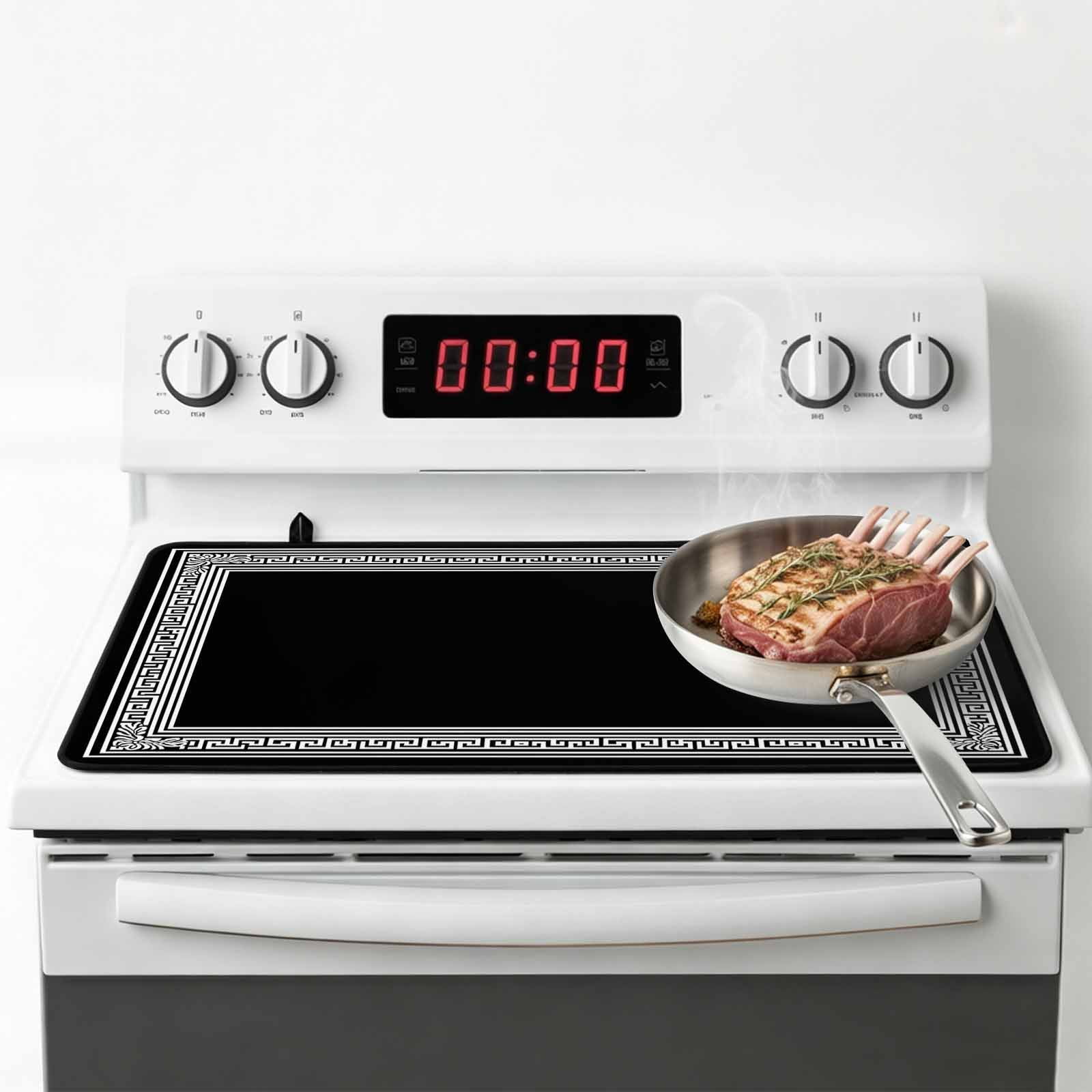 Black Geometric Stove Top Cover for Electric Stove, Heat-proof & Non Slip Glass Top Stove Cover Protector, Country Farm Traditional Chinese Tile Kitchen Flat Cooktop Rubber Mat 28.5x20.5 Inches
