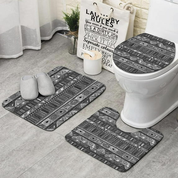 Black Geometric Striped Pattern Bathroom Rugs Sets 3 Piece,Toilet Cover Set,Absorbent Non Slip Bathroom Mats Sets with U-Shaped Contour Rug Toilet Rug Set