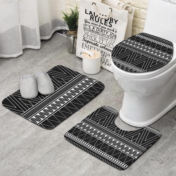 Black Geometric Striped Pattern Bathroom Rugs Sets 3 Piece,Toilet Cover Set,Absorbent Non Slip Bathroom Mats Sets with U-Shaped Contour Rug Toilet Rug Set