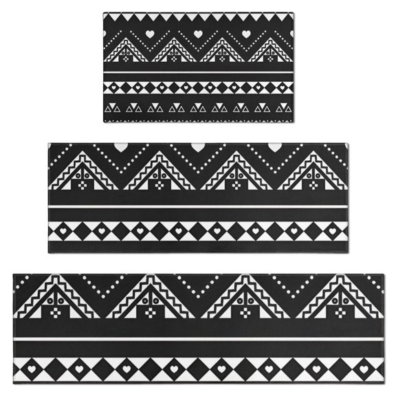 Black Geometric Striped Pattern with Hearts Kitchen Rugs Sets Of 3,Kitchen Runner Rugs Non Skid Washable,Decorative Kitchen Floor Mats for Kitchen,Sink,Laundry,17"x30"+ 17"x47" + 17"x59"