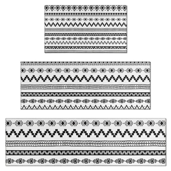 Black Geometric Striped Pattern Kitchen Rugs Sets Of 3,Kitchen Runner Rugs Non Skid Washable,Decorative Kitchen Floor Mats for Kitchen,Sink,Laundry,17"x30"+ 17"x47" + 17"x59"