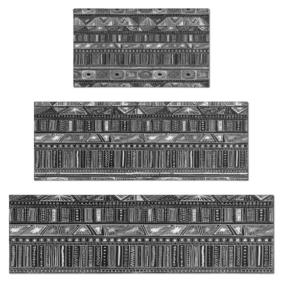 Black Geometric Striped Pattern Kitchen Rugs Sets Of 3,Kitchen Runner Rugs Non Skid Washable,Decorative Kitchen Floor Mats for Kitchen,Sink,Laundry,17"x30"+ 17"x47" + 17"x59"