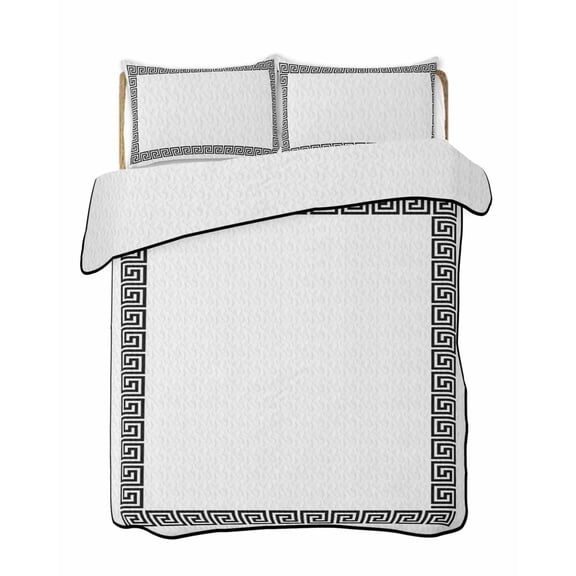 Black Geometric Summer Quilt Set Twin XL Size,Soft Quilted Bedding Set with 2 Pillow Shams,Modern Abstract Art Key Greek Design Lightweight All Season Bedspread Coverlet for Bedroom 68"x98"
