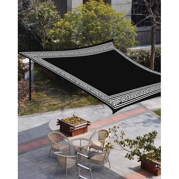 Black Geometric Sun Shade Sail 6.5'x10' Rectangle Outdoor Shade Canopy, Country Farm Traditional Chinese Tile Porch Shades Outdoor Sun Blocking Screen, Sunshade Cloth Covers for Patio/Deck/Garden