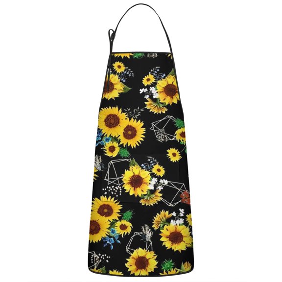 Black Geometric Sunflower Pattern Apron-Garden Aprons for Women with Pockets-Cotton Linen Waterproof Kitchen Cooking Gardening Aprons Adjustable for Kitchen,Cooking,BBQ and Salon 33x27 Inch