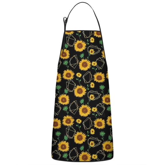Black Geometric Sunflower Pattern Apron-Garden Aprons for Women with Pockets-Cotton Linen Waterproof Kitchen Cooking Gardening Aprons Adjustable for Kitchen,Cooking,BBQ and Salon 33x27 Inch