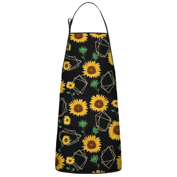 Black Geometric Sunflower Pattern Apron-Garden Aprons for Women with Pockets-Cotton Linen Waterproof Kitchen Cooking Gardening Aprons Adjustable for Kitchen,Cooking,BBQ and Salon 33x27 Inch