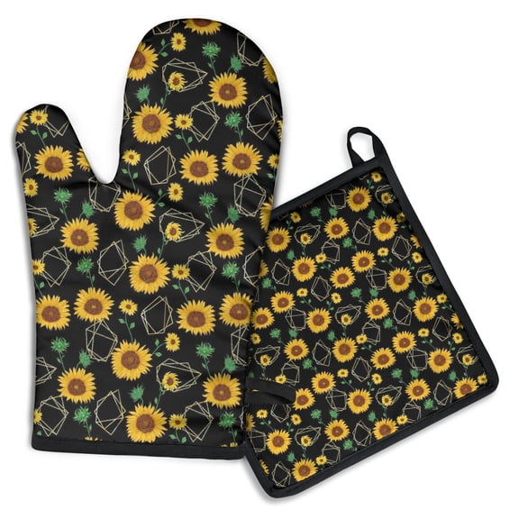 Black Geometric Sunflower Pattern Kitchen Oven Mitt and Pot Holder Sets 2 Pcs for Baking, Cooking and Grilling, Heat Resistant Up To 392 °F