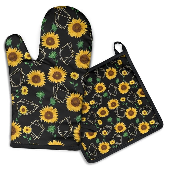 Black Geometric Sunflower Pattern Kitchen Oven Mitt and Pot Holder Sets 2 Pcs for Baking, Cooking and Grilling, Heat Resistant Up To 392 °F